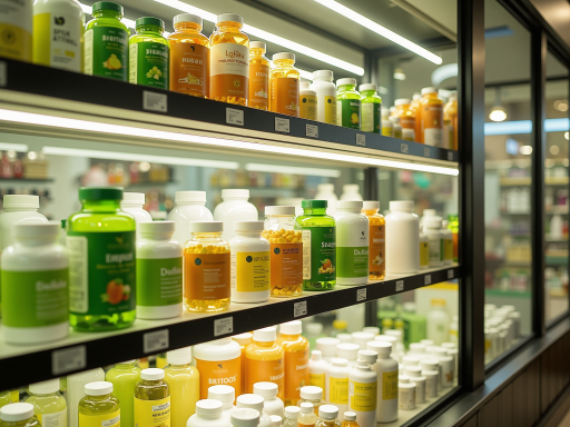 现代化奶粉专卖店内部装修效果图，绿色和黄色主题色调，货架整齐摆放产品，温馨明亮的灯光